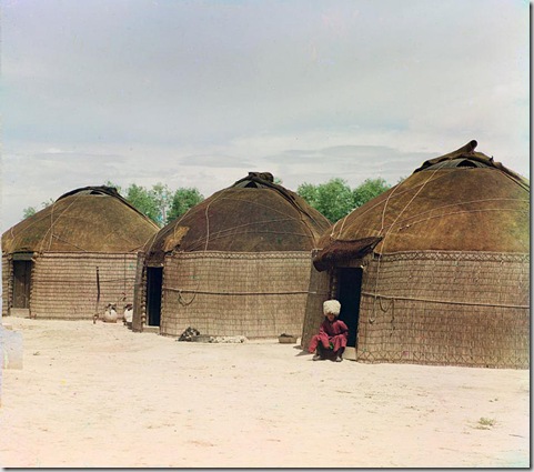 Three yurts, man seated in doorway of yurt in foreground; between 1905 and 1915
Sergei Mikhailovich Prokudin-Gorskii Collection (Library of Congress).