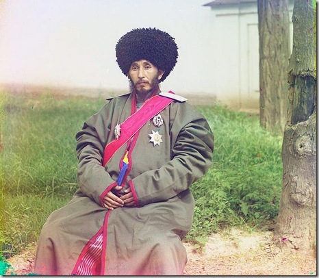 Isfandiyar, Khan of the Russian protectorate of Khorezm (Khiva), full-length portrait, in uniform, seated on chair, outdoors; between 1910 and 1915
Sergei Mikhailovich Prokudin-Gorskii Collection (Library of Congress).