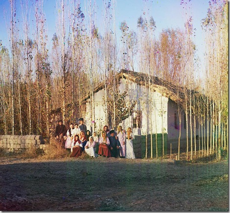 Migrant farmstead in the settlement of Nadezhdinsk with a group of peasants, Golodnaia Steppe; between 1905 and 1915
Sergei Mikhailovich Prokudin-Gorskii Collection (Library of Congress).
