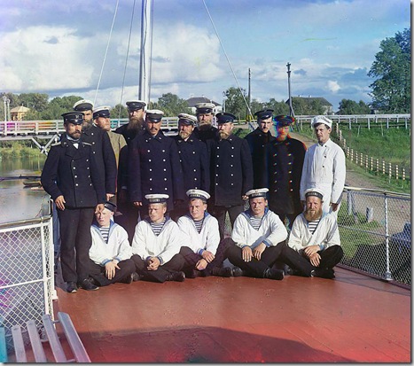 Crew of the steamship "Sheksna" of the M.P.S. (Ministry of Communication and Transportation), Russian Empire; 1909
Sergei Mikhailovich Prokudin-Gorskii Collection (Library of Congress).