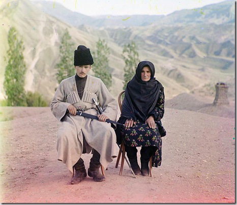 Dagestani types, Man and woman posed outdoors; between 1905 and 1915
Sergei Mikhailovich Prokudin-Gorskii Collection (Library of Congress).