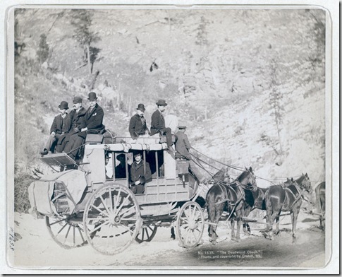 Title: "The Deadwood Coach"
Side view of a stagecoach; formally dressed men sitting in and on top of coach. 1889.
Repository: Library of Congress Prints and Photographs Division Washington, D.C. 20540