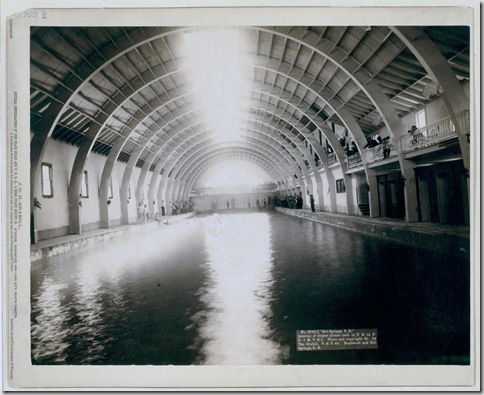 Title: "Hot Springs, S.D." Interior of largest plunge bath in U.S. on F.E. and M.V. R'y
Interior view of plunge bath; bathers and spectators standing beside pool. 1891.
Repository: Library of Congress Prints and Photographs Division Washington, D.C. 20540