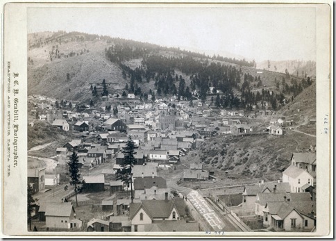 Title: Deadwood, [S.D.] from Engleside
Overview of homes and commercial buildings in small city; trees and mountains in background. 1888.
Repository: Library of Congress Prints and Photographs Division Washington, D.C. 20540