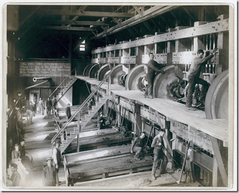 Title: The Interior. "Clean Up" day at the Deadwood Terra Gold Stamp Mill, one of the Homestake Mills, Terraville, Dakota
Interior of saw mill; men working on equipment. 1888.
Repository: Library of Congress Prints and Photographs Division Washington, D.C. 20540