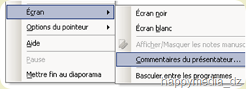 Capture d'écran du menu contextuel du mode diaporama