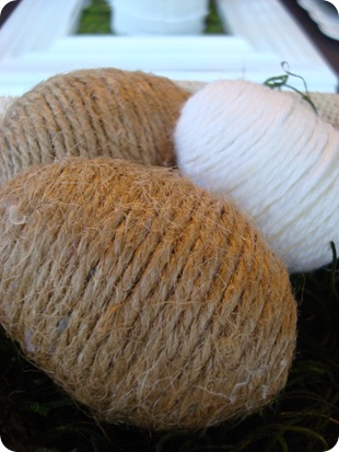 jute and yarn wrapped eggs