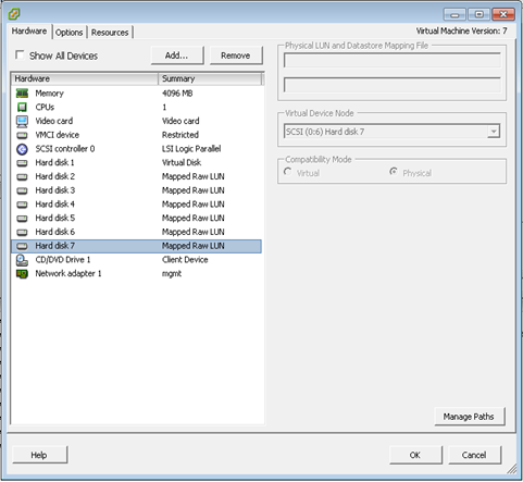 Virtual Machine Properties screen which shows Mapped Raw LUNs