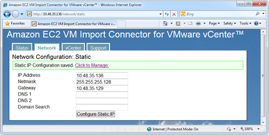 Amazon EC2 VM Import Connector for VMware vCenter network configuration - static IP configuration successful