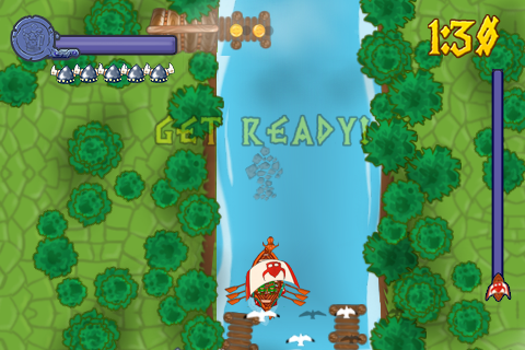 只需要兩隻手指,像划船一樣向後划就會前進了,沿路上別忘了吃金幣,並且沿著水中指示的箭頭方向前進即可