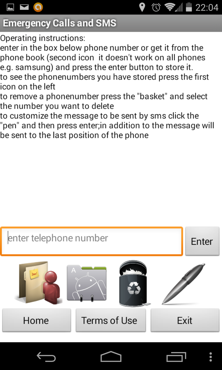 Emergency Calls and SMS Screen 2