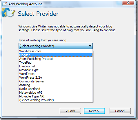 Blog providers recognized by Windows Live Writer