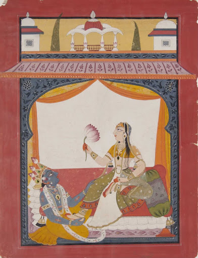 Krishna massaging the feet of Radha, a scene possibly from the Gita Govinda
