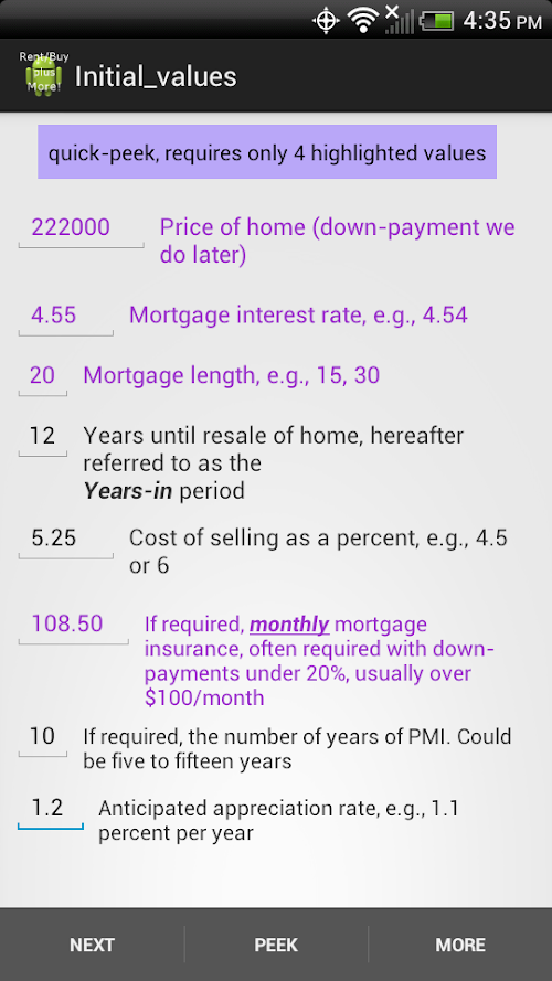 Android application Rent/Buy mortgage calculator screenshort