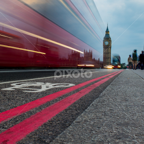 Big Ben and a bus passing by by Augustin Galatanu - City,  Street & Park Street Scenes