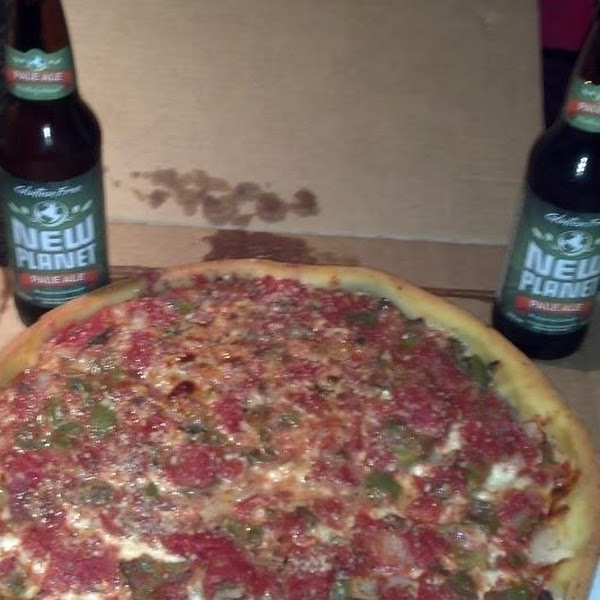 Amazing deep dish pizza and New Planet Beer