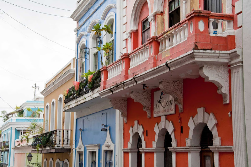 Balconies on Calle San Sebastian in Old San Juan, Puerto Rico, a UNESCO World Heritage Site. 