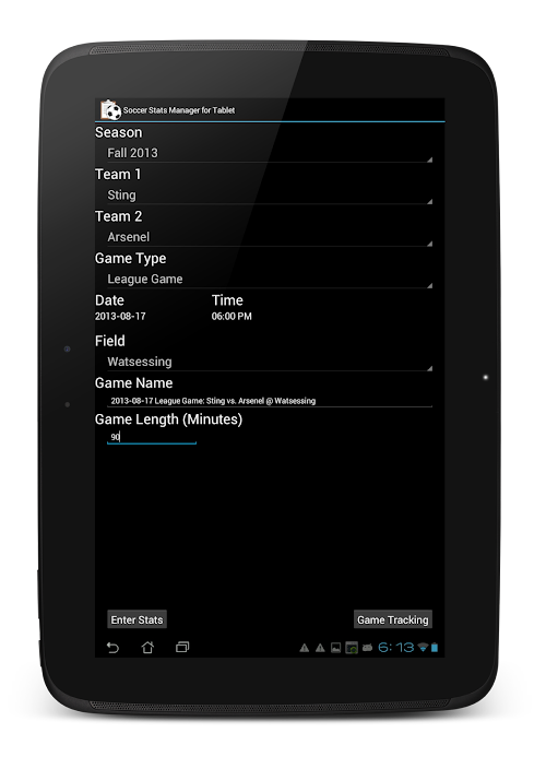 Android application Soccer Stats Manager (Tablet) screenshort