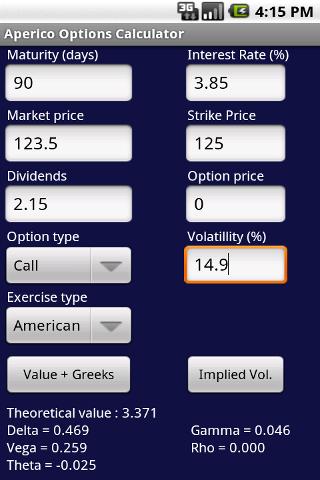 Android application Options Calculator screenshort