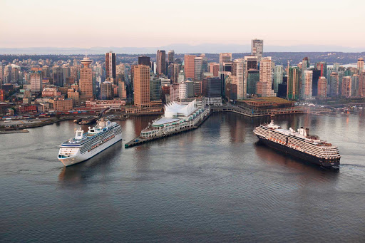 The Vancouver BC cruise ship terminal with the ships Coral Princess and Holland America's Zuiderdam