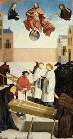 Paneel van het veelluik met de zeven werken der barmhartigheid: het begraven van de doden. Met zichtbare beschadigingen. Meester van Alkmaar, 1504.