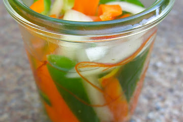 Pickled hot, sweet chili peppers and onions