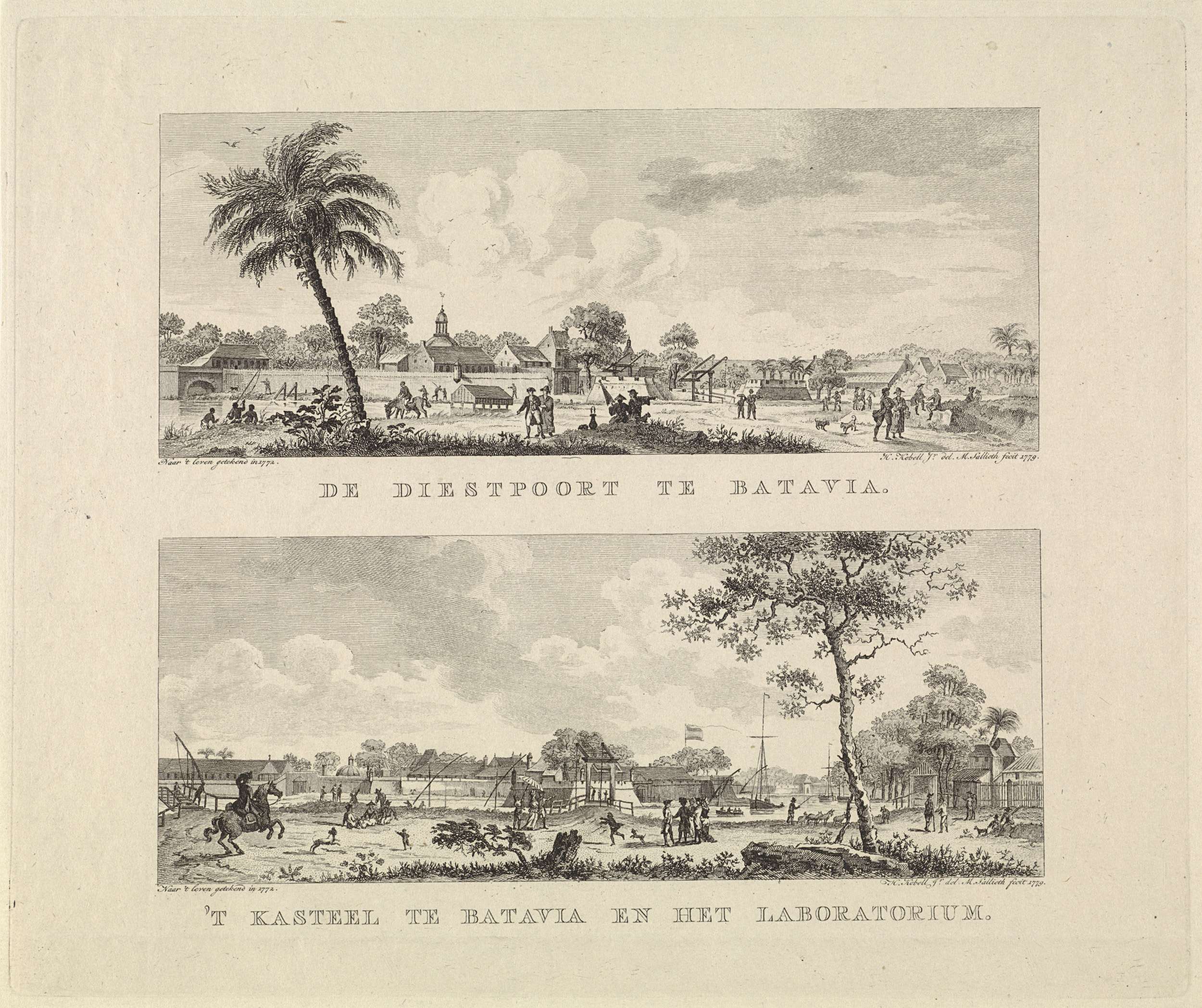 Gezichten op de Diestpoort en het kasteel in Batavia