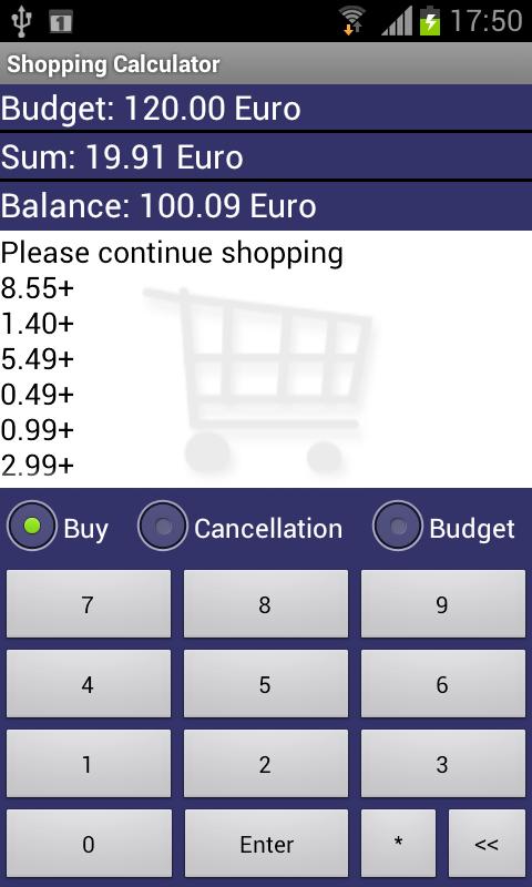 Shopping Calculator Screen 1