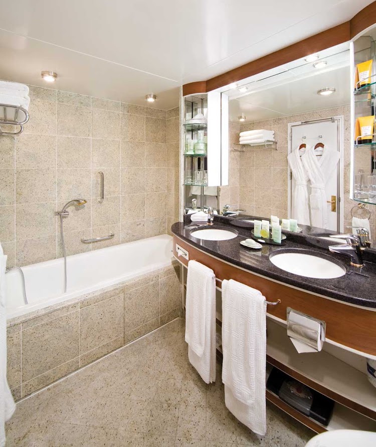 Press your toes against the fine marble in the Veranda Suite bathroom aboard Silver Shadow, outfitted with a full size bath and separate tub.