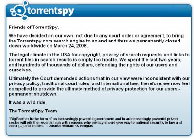 TorrentSpy shuts down