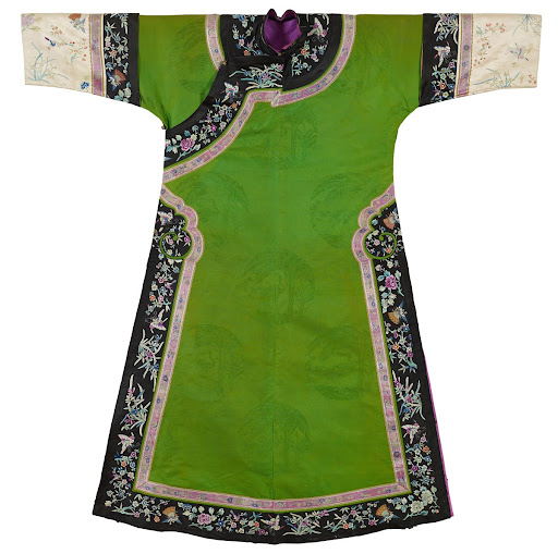 Mongolian Women’s Green Jacquard Satin Long Robe with Stand Collar, Decorated Hem and Rolled Sleeves Front