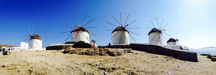 Iconic windmills in Mykonos, Greece.