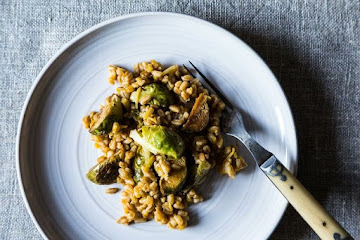 Farro with Leeks and Balsamic Roasted Brussels Sprouts