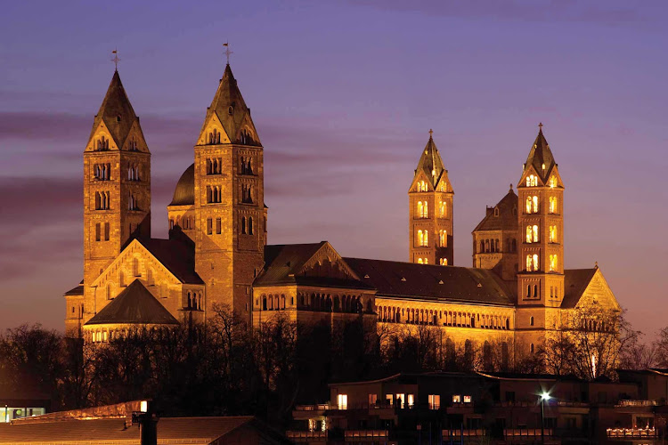 The Imperial Cathedral of St. Mary — officially the Imperial Cathedral Basilica of the Assumption and St. Stephen — at dusk in Speyer, Germany. Construction began in 1030 and was mostly completed in the 12th century. It's a UNESCO World Heritage Site. 