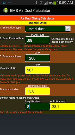 Air duct sizing calculator