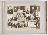 Compositie van veertien foto's van personen en onderwijs aan de Keizerlijke Militair-Medische Academie, gecombineerd met decoratie van brillen en medische instrumenten