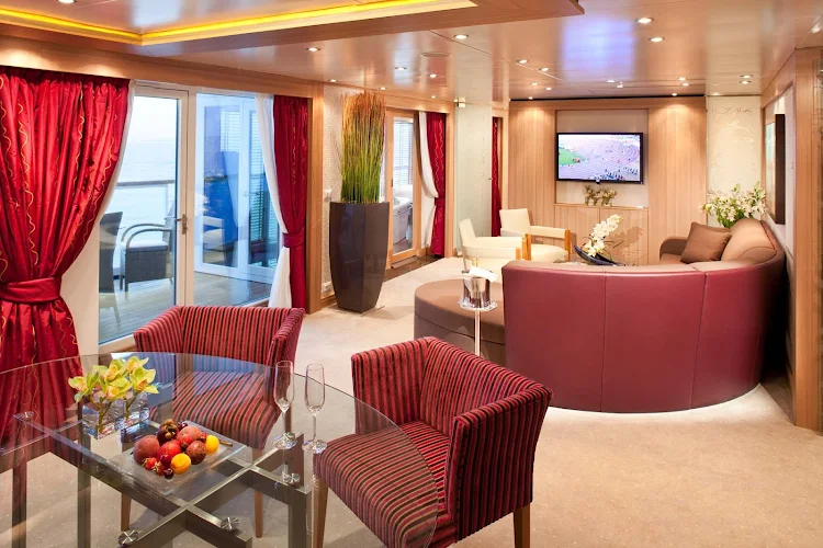 The exceptional Wintergarden Suite has a private glassed-in Solarium with a soaking tub and a lounging bed. It also features a veranda that's bowed out, giving wonderful views of the side of the ship. 