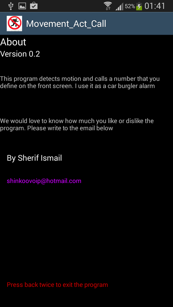 Movement activated Alarm Screen 2
