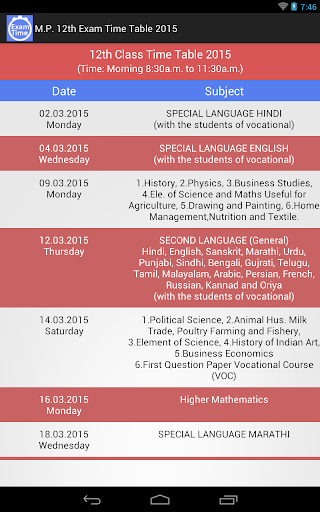 M.P. 12th Exam Time Table 2015