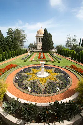 The Bahá’í Gardens in Haifa, Israel comprise a staircase of nineteen terraces extending all the way up the northern slope of Mount Carmel.