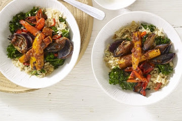 Roasted harissa vegetables with kale & ginger pilaf
