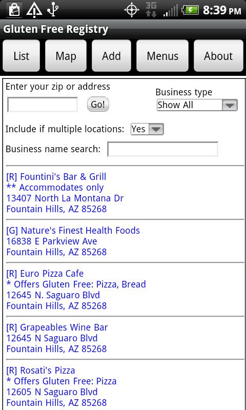 Android application Gluten Free Registry screenshort