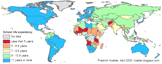 Map showing average school life expectancy in years per country