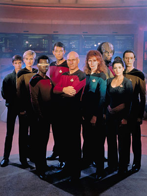 Wesley, Tasha, LaForge, Riker, Picard, Crusher, Worf, Troi, Data