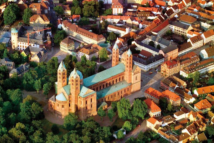 An aerial view of Speyer Cathedral in Speyer, Germany. 