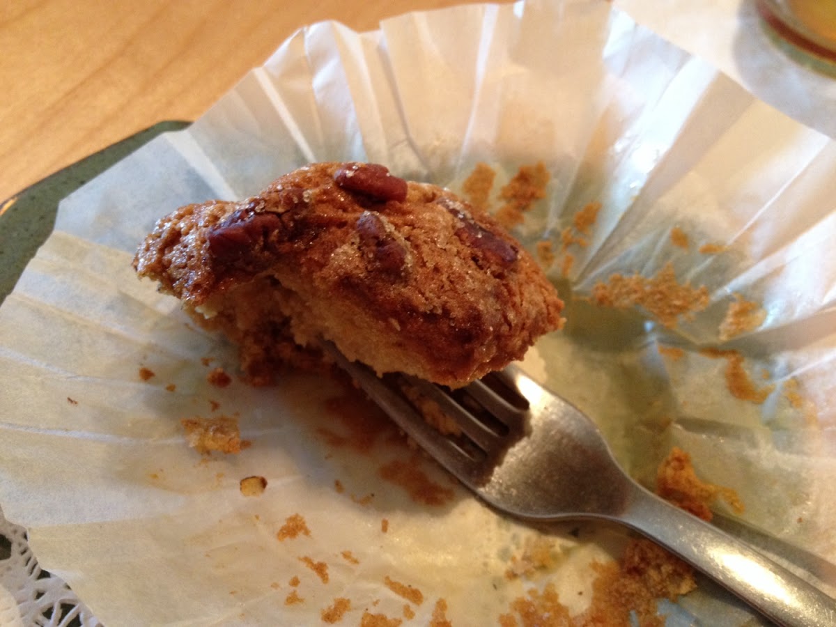 Oops, meant to take this photo before my first bite of this moist pumpkin pecan muffin. Once I start