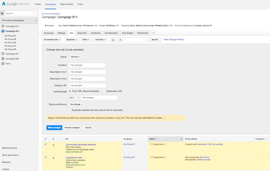 See ad bulk edit options