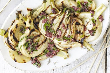 Barbecued fennel with black olive dressing