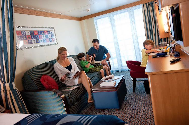 The stateroom with veranda on Disney Dream lets your family spread out and offers a private balcony for you to take in the passing views.  