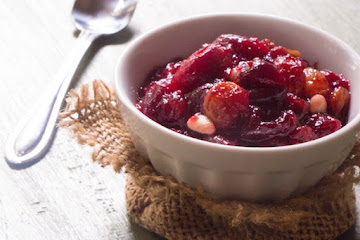 Boozy Cranberry Sauce with Pears and Raisins
